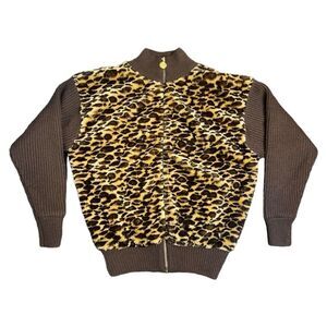 Vintage Marshall Rousso Zip Faux Cheetah Fur Brown Ribbed Sweater Size Large